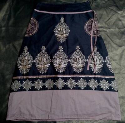 John Rocha A Line Midi Skirt Batik Print Sequin Trim Brown Pink Boho Hippy 10 - Image 1 of 4