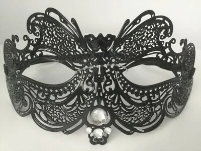 ‪BNWOT BLACK FILIGREE LACY METAL VENETIAN MASQUERADE PARTY MASK WITH CRYSTALS ‬ - Image 1 of 4