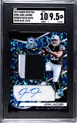 2019 PANINI SPECTRA JOSH JACOBS ROOKIE, #208, AUTO, JERSEY, NEON BLUE, SER #/75 - Image 1 of 2