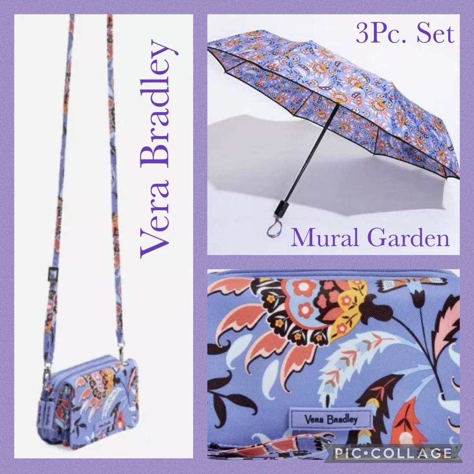 Juego de 3 piezas paraguas VERA BRADLEY + bandolera + bolsa de viaje cosmética mural jardín Foto 1 de 4