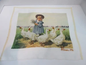 Finished Crewel Embroidery Girl Blue Dress White Geese Completed 10x13.5 - Picture 1 of 3