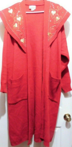 VALENTINO Maglione lungo impreziosito cuori rossi maglia giacca spolverino aperto donna taglia unica
