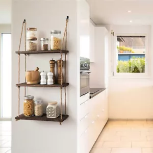 Durable Rope Wall Hanging Shelves Wood Window Shelf 3 Tier Rustic Storage Rack - Picture 1 of 12