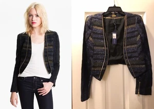 Rebecca Minkoff Delancey Black Gold Stripe Metalic Crop Jacket Blazer Medium 6 8 - Picture 1 of 12