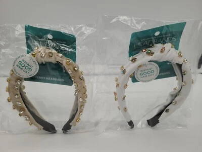 Headbands Of Hope Knotted Bejeweled Gems  Lot Of 2 White And Beige - Image 1 of 4