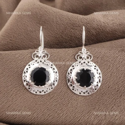 925 Argento Sterling Radice Chakra Rotondo Naturale Onice Nera Pendente Paio - Immagine 1 di 4