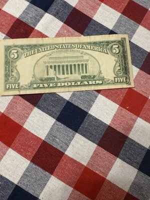 Mis-aligned $5 Bill From 1965.  Partial Front Border Printed On Back. - Image 1 of 4