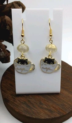 Amantes de los Gatos Café Taza de Café Dije Pendientes Sin Níquel EE. UU. Hechos a Mano Amantes del Café Foto 1 de 3