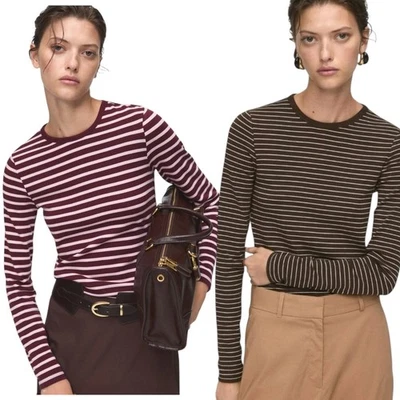 MNG (Mango) Womens Pink Burgundy + Brown White Stripe Long-Sleeved T-Shirts Sz M - Image 1 of 4
