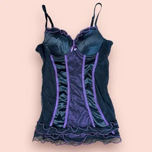 Y2K Vtg Slip Dress Chemise Lingerie 34C Purple Black Ruffle Goth Trashy Bustier - Picture 1 of 3