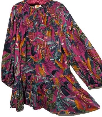 Vestido Farm Rio M Guacamayo Loro Estampado de Pájaro Manga Globo Calado Lindo Algodón Mini Foto 1 de 4