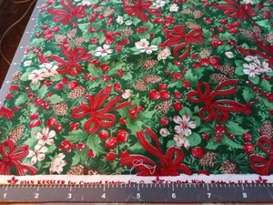 1+ Yd 44" Wide Green Red Bows Cotton Christmas Fabric By Joan Kessler Made In... - Picture 1 of 6