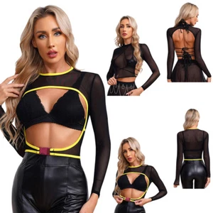 Top corto de malla transparente para mujer manga larga calce ajustado camisetas fiesta - Imagen 1 de 39