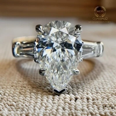 Moissanite Solitaire Engagement Ring 3.50 CT Pear Cut VVS1 Solid 14K Yellow Gold - Image 1 of 4