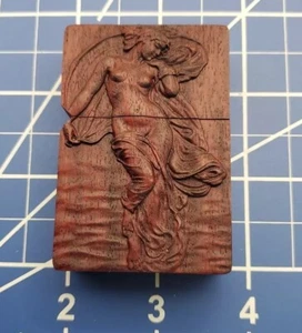 Hand-Carved Naked Woman Angel Girl Wooden Lighter Case + Steel Wick Insert - Picture 1 of 5