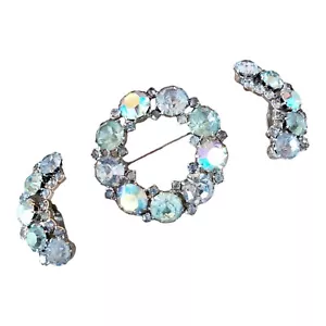Set Orecchini Clip Spilla Ghiaccio Blu Strass Vintage Karu Arke Firmati - Foto 1 di 12
