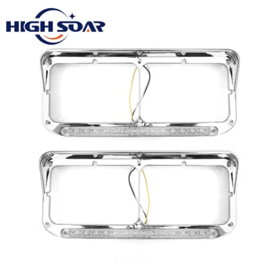 Chrome Headlight Bezels w/LED Lens Pair For Kenworth T400 T600 T800 W900B W900L - Image 1 of 4