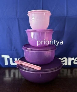 Juego de 4 cuencos mezcladores Tupperware Classic Fix N con espátula de paleta púrpura rosa nuevo - Imagen 1 de 8