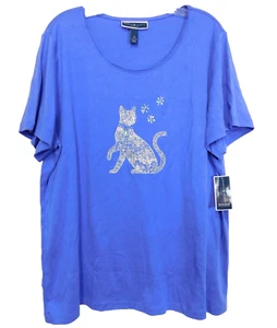Karen Scott Kitty Cat Butterly Embellished Top 2X Blue Cotton Short Sleeve Shirt - Picture 1 of 9