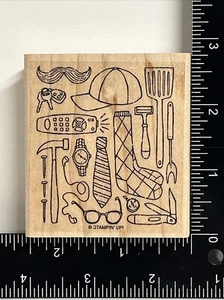 Stampin’ Up! Embalado Para Papá Madera Goma Sello Herramienta Barbacoa Reloj Bolsillo Control Remoto - Imagen 1 de 2