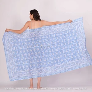 Indian Woman Cotton Pareo Block Printed Sarong Scarf Neck Head Bikini Cover Up - Picture 1 of 8