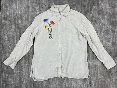 David N Top Mujer Mediano Beige Lino Botones Flor Bordado Bolsillo Foto 1 de 4