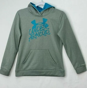 Under Armour Youth Large Pullover Hoodie Heather Gray Turquoise Spellout Storm - Picture 1 of 7