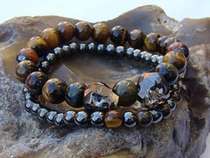 Natural Gemstone ELASTIC CRYSTAL SKULLS bracelets TIGER EYE HEMATITE beads - Picture 1 of 5