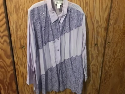Nueva Blusa Camisa Top Diane Gilman Para Mujer 100% Seda Lavanda Lentejuelas Talla 3X Foto 1 de 2