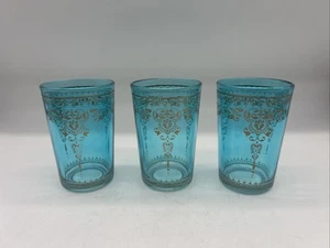 Set of 3 Ice Blue Juice Glasses With Gold Painted Design Vintage Moroccan Style - Picture 1 of 4