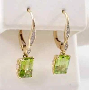 Lab-Created 3Ct Emerald Cut Peridot Drop Dangle Earring 14k Yellow Gold Plated - Picture 1 of 9