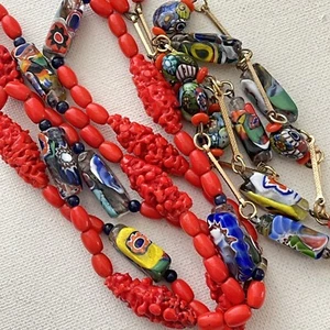 Set of 2 Vintage Czech Murano Millefiori Glass Bead Necklace UV Glow Spun - Picture 1 of 8