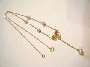 Vintage PBD Peter Brams 14K Filigree Heart Delicate Chain Pearls Y Drop Necklace - Picture 1 of 7