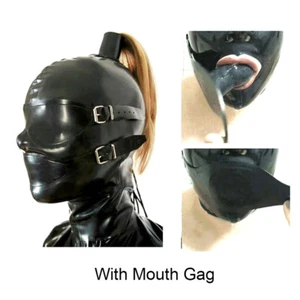 Latex Hood Full Enclosure Rubber Mask with Wig Eyeshade Gag Fetish Clubwear BDSM - Picture 1 of 4