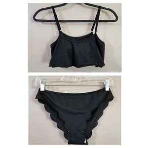 Unbranded Womens 2PC Bikini Size M Juniors Black Ruffle Top Scalloped Bottom - Picture 1 of 17