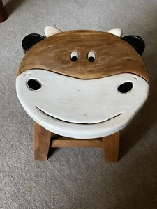 Cute Solid Wood Childs Stool With Smiling Cow Seat - Picture 1 of 3