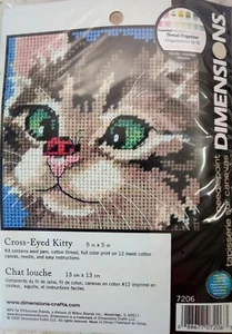 Dimensions CROSS-EYED KITTY 7206 Needlepoint Kit 5x5" Color Print Canvas 12 mesh - Picture 1 of 5