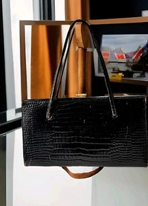 Vintage 1970s Creedex Black Leather Handbag. Croc Pattern Made in England - Picture 1 of 8