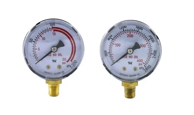 SÜA Pair of Gauges for Acetylene Regulator - Low & High - 2 inches - 1/8" NPT Thread