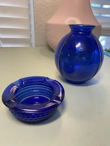 VTG Cobalt blue ASH TRAY 3 inch Maryland Glass Corp 1950's BLUE #3 And VASE - Picture 1 of 18