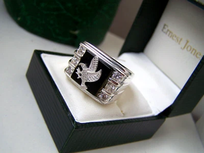 EXCELENTE ANILLO SELLO DE ÓNIX DE PLATA ESTERLINA SÓLIDA SIMULADO DIAMANTE ÁGUILA TALLA S 9 Foto 1 de 4