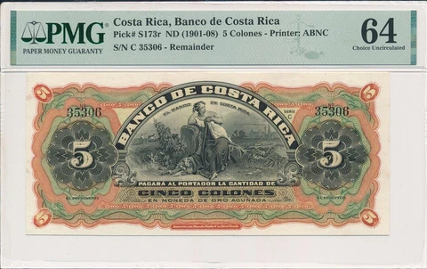 Costa Rica Banco De Costa Rica 5 Colones ND (1901-08) PMG 64 UNC Cover