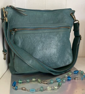 Fossil Tooled Teal? Leather Flowers Crossbody Bag - Picture 1 of 11