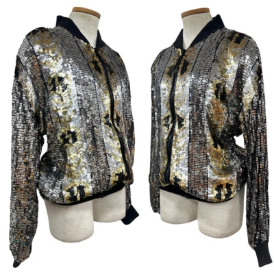 Chaqueta de bombardero vintage de los 80 Just-In Inc lentejuelas plateadas con motivo abstracto similar a un animal Foto 1 de 4