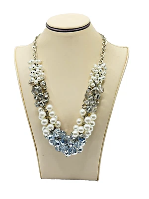 Chunky Silver Plated Simulated Pearl & Crystal Bead Necklace Layered Glam - Image 1 of 4