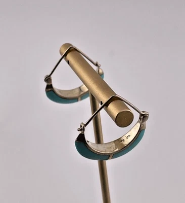 BOMA 925 STERLING SILVER TURQUOISE INLAY KNITE EDGE HOOP EARRINGS 1 1/8 " 347 - Image 1 of 4