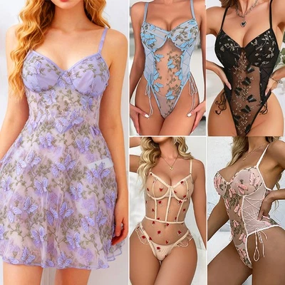 Sexy Lencería de Una Pieza Mujeres Bordado Encaje Body Peluche Ropa Interior Tanga Foto 1 de 4