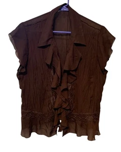 Brown Vintage Y2K Womens Size Large Gauzy VNeck Button Up Flutter Short Sleeve R - Picture 1 of 3