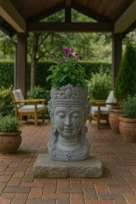 MOEBEL DIREKT ONLINE Großer Buddha Pflanzkübel 43 cm grau – Blumentopf Polyresin wetterfest Deko