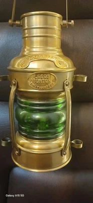 Antigua linterna de barco marítimo - Lámpara de aceite náutica vintage barco vidrio verde claro Foto 1 de 4